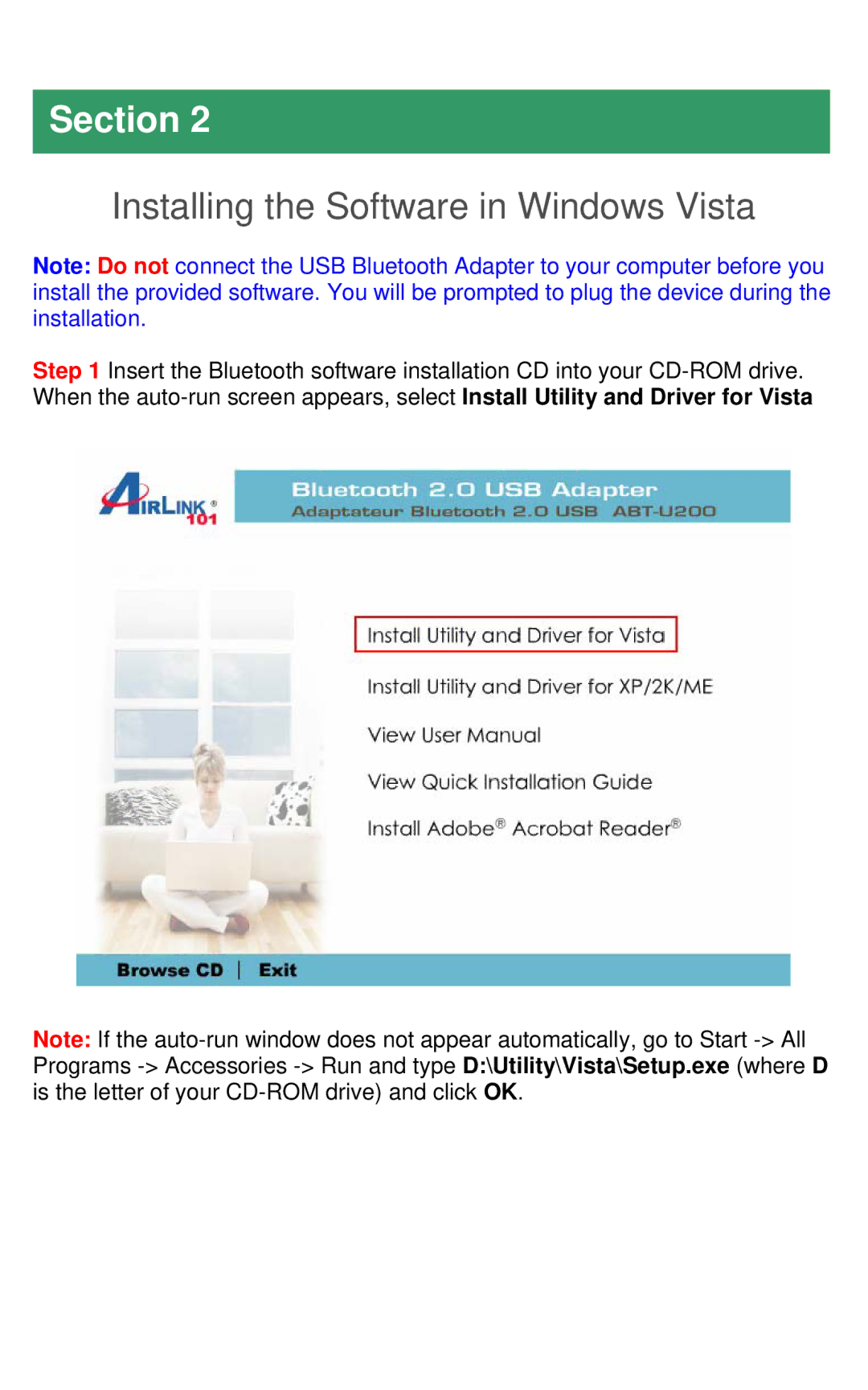 Airlink101 ABT-U200 user manual Installing the Software in Windows Vista 