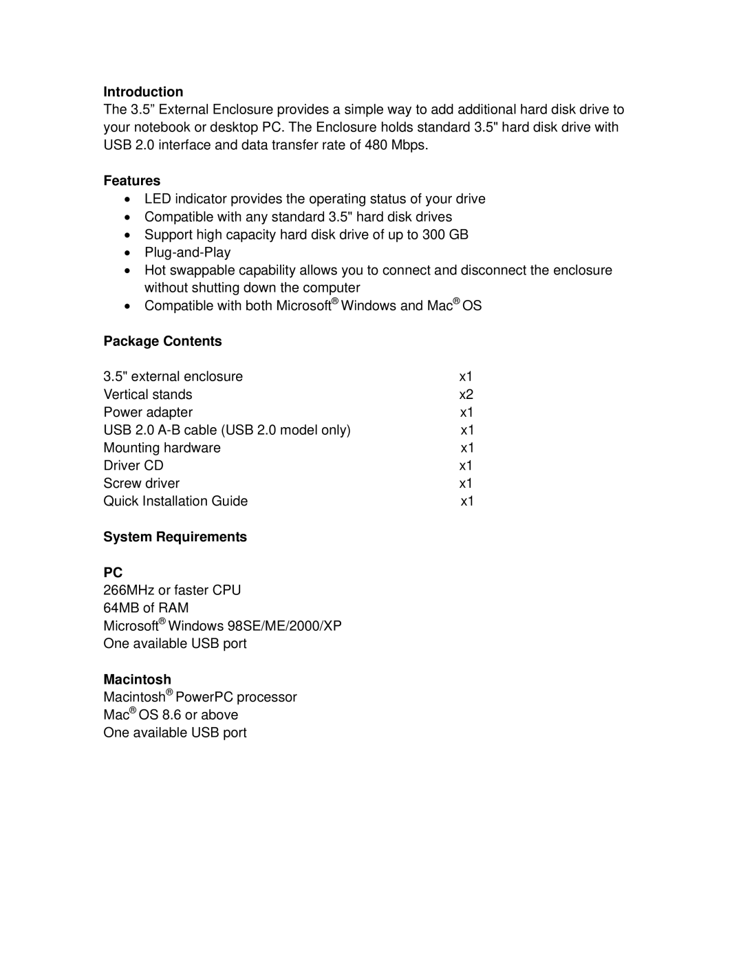 Airlink101 AEN-U35 manual Introduction, Features, Package Contents, System Requirements, Macintosh 