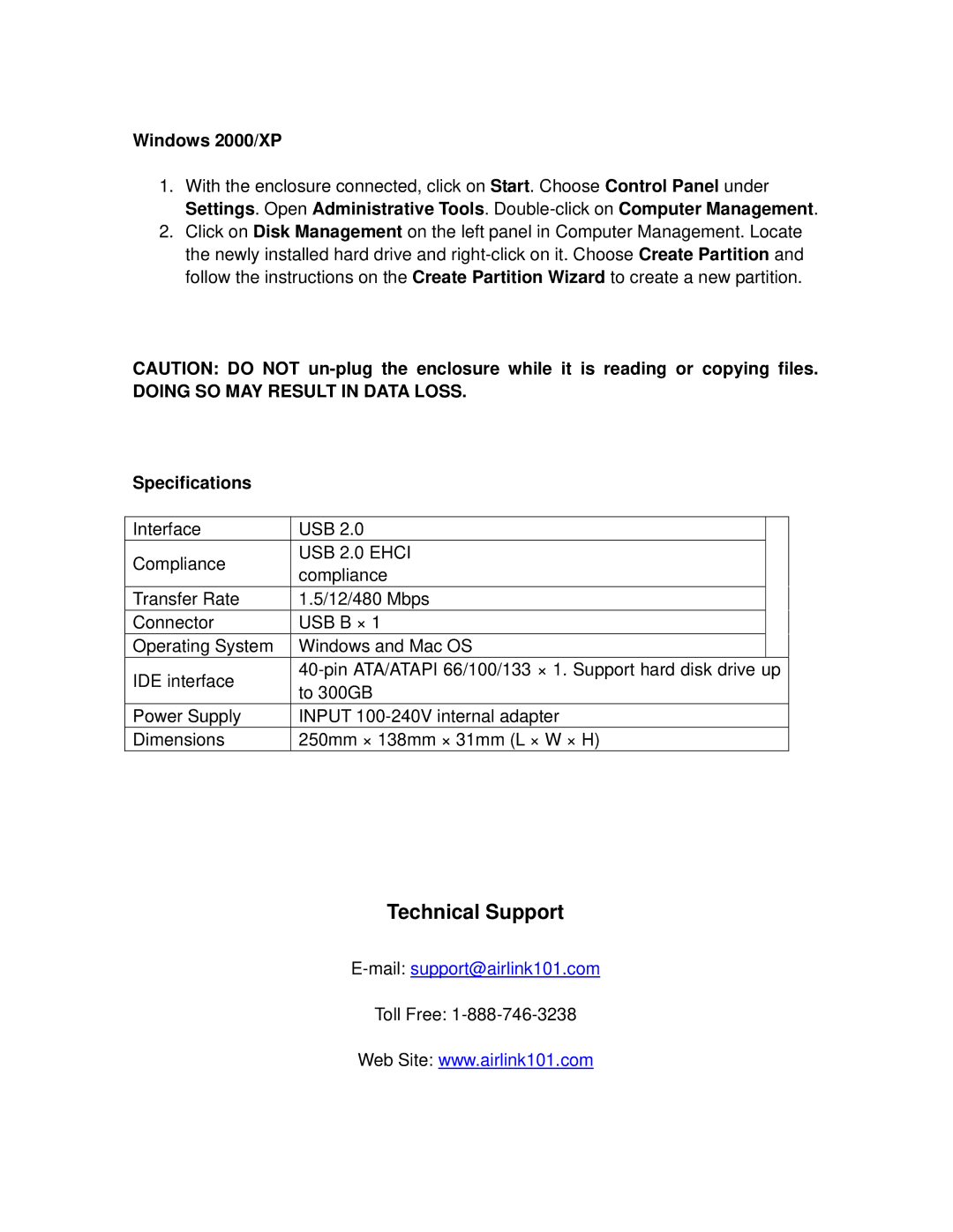 Airlink101 AEN-U35 manual Windows 2000/XP, Specifications 