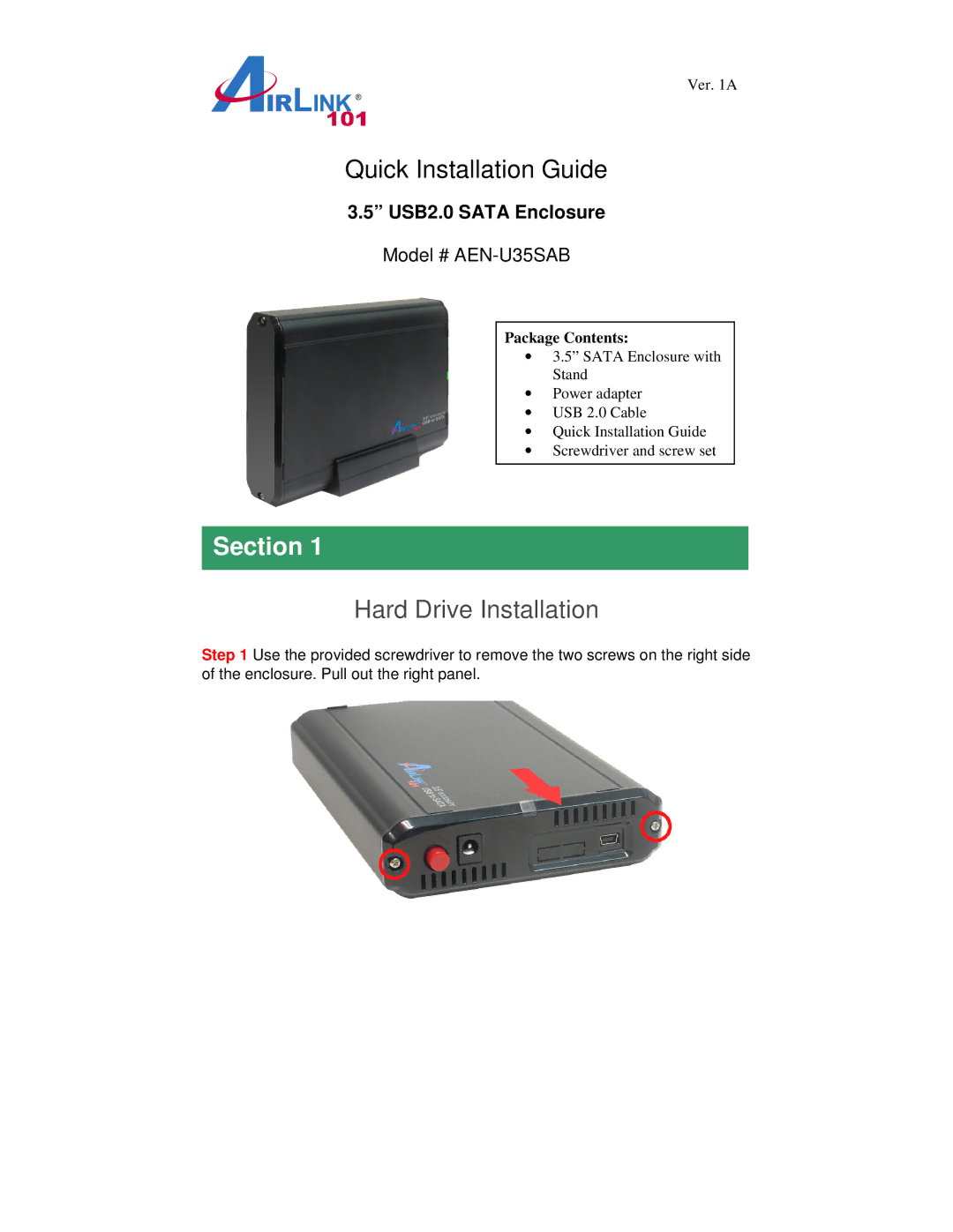 Airlink101 AEN-U35SAB manual Quick Installation Guide, Hard Drive Installation 