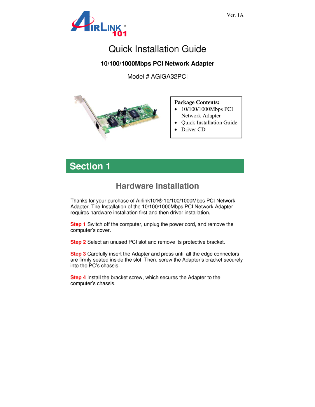 Airlink101 AGIGA32PCI manual Quick Installation Guide, Hardware Installation 