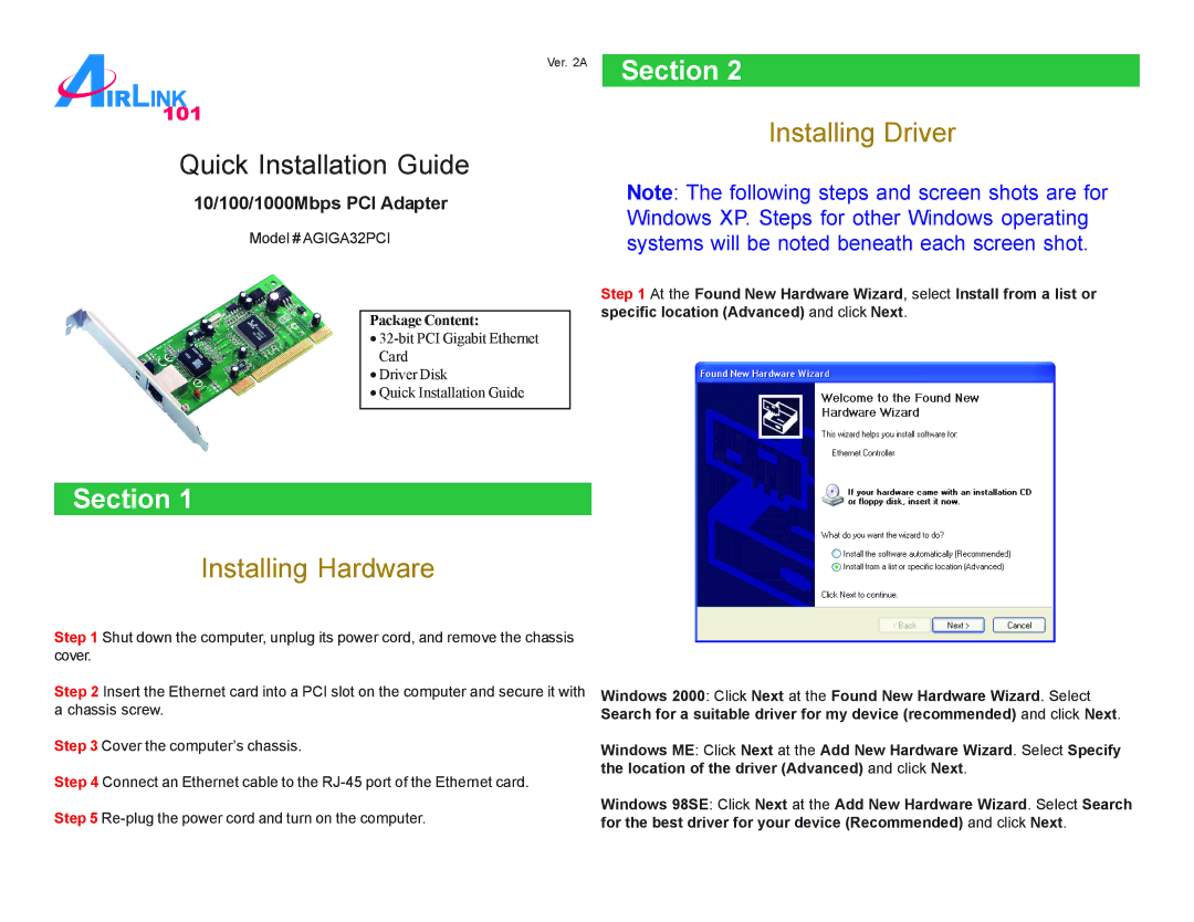 Airlink101 AGIGA32PCI manual Installing Hardware, Installing Driver, 10/100/1000Mbps PCI Adapter 