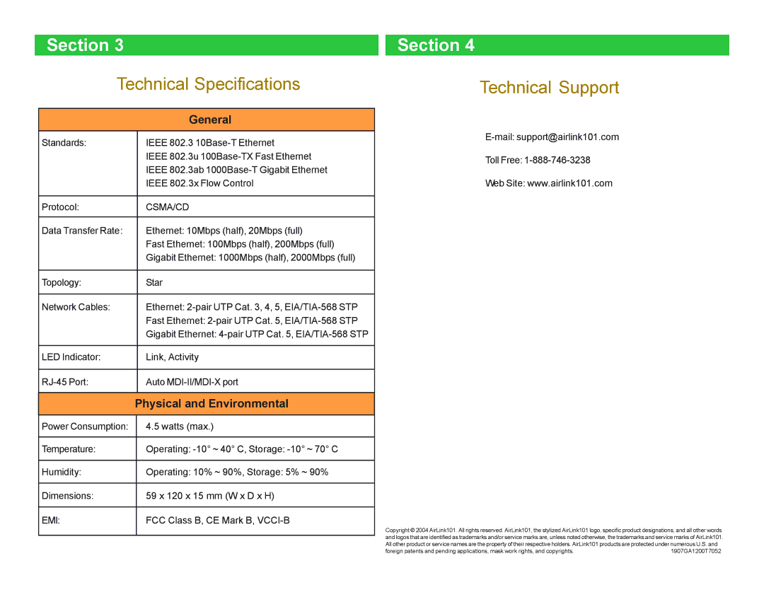 Airlink101 AGIGA32PCI manual Technical Specifications, General, Physical and Environmental 