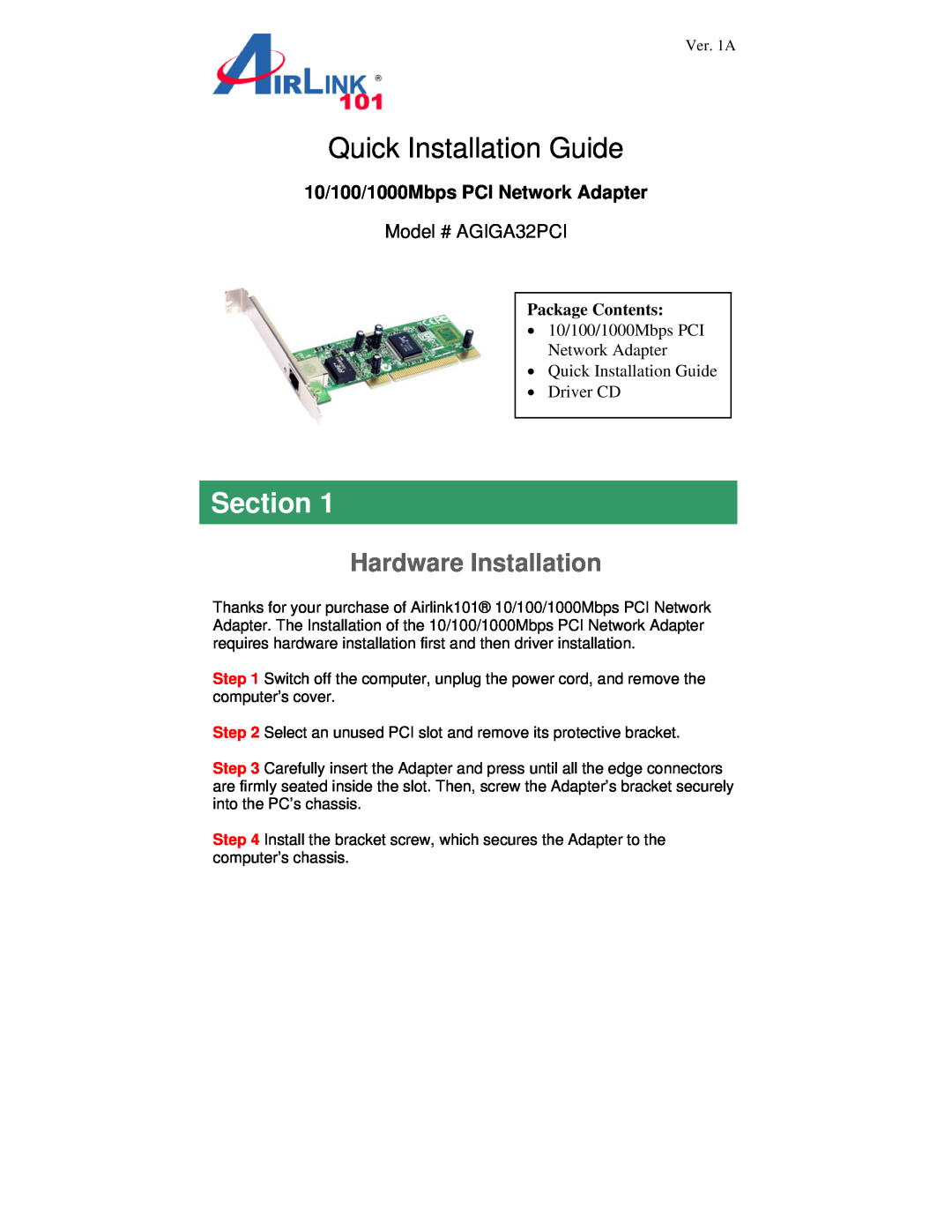 Airlink101 AGIGA32PCI manual Section, Installing Hardware, Installing Driver, 10/100/1000Mbps PCI Adapter, Package Content 