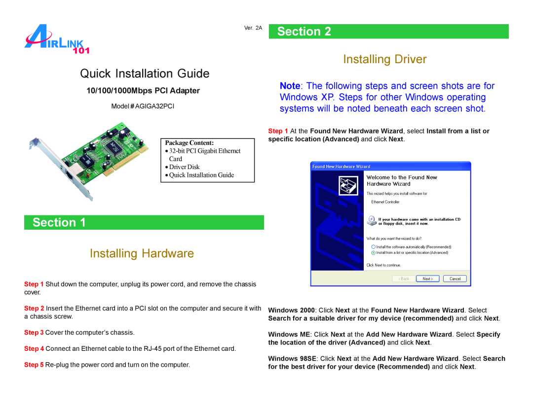Airlink101 AGIGA32PCI manual Section, Hardware Installation, Quick Installation Guide, 10/100/1000Mbps PCI Network Adapter 