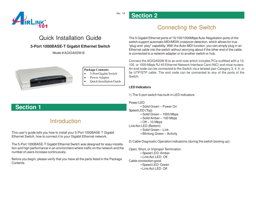 Airlink101 AGIGA5SW-B manual Ver a Section, Introduction, Connecting the Switch, LED Indicators 