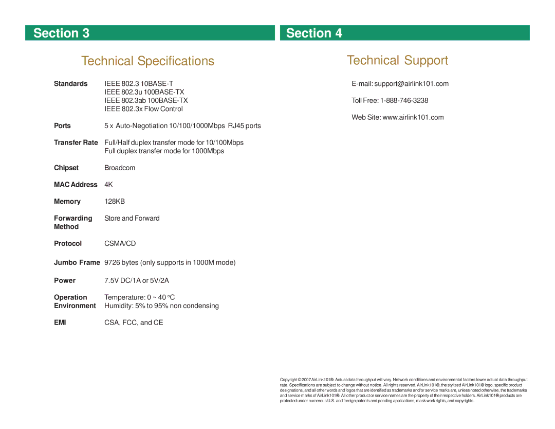 Airlink101 AGIGA5SW-B manual Technical Specifications, Technical Support 