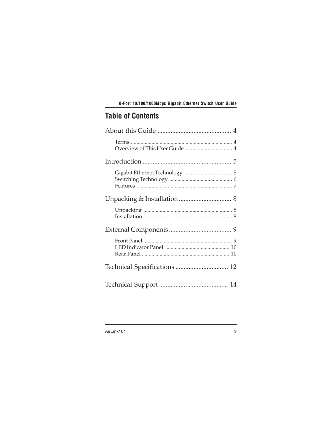 Airlink101 AGIGA8SW manual Table of Contents 