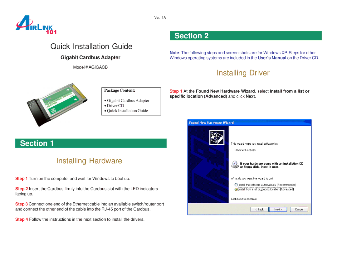 Airlink101 AGIGACB user manual Quick Installation Guide, Section, Installing Driver, Installing Hardware, Model # Agigacb 