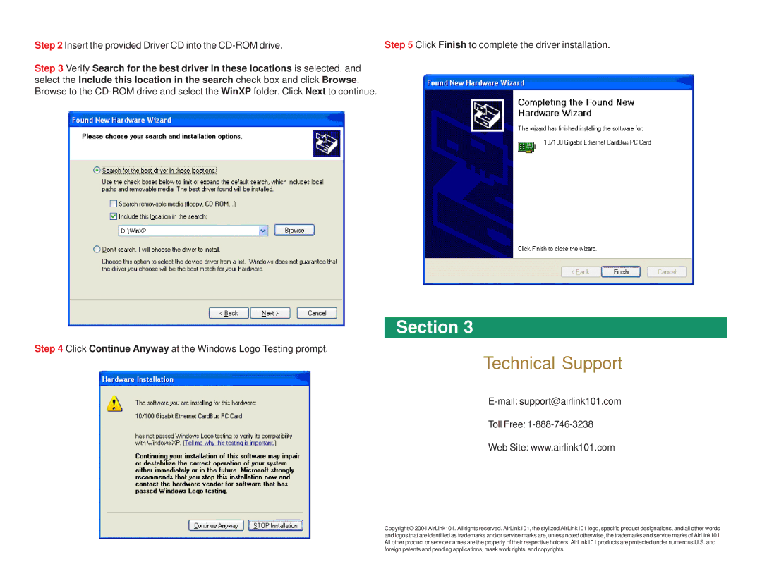 Airlink101 AGIGACB user manual Technical Support, Click Continue Anyway at the Windows Logo Testing prompt 