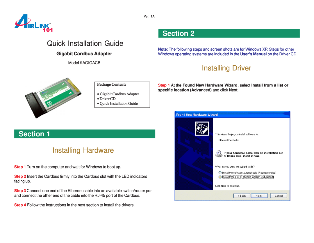 Airlink101 AGIGACB user manual Section, Installing Driver, Installing Hardware, Quick Installation Guide, Package Content 