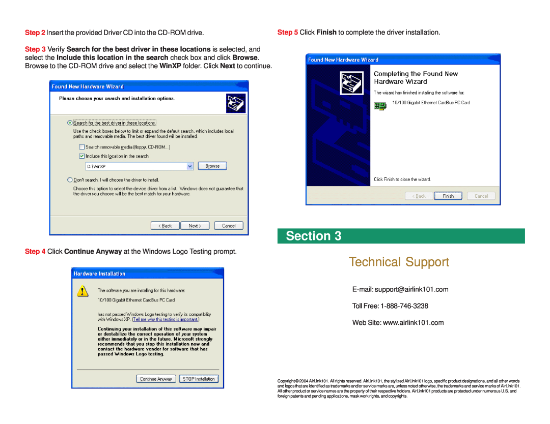 Airlink101 AGIGACB user manual Technical Support, Section, Insert the provided Driver CD into the CD-ROM drive 