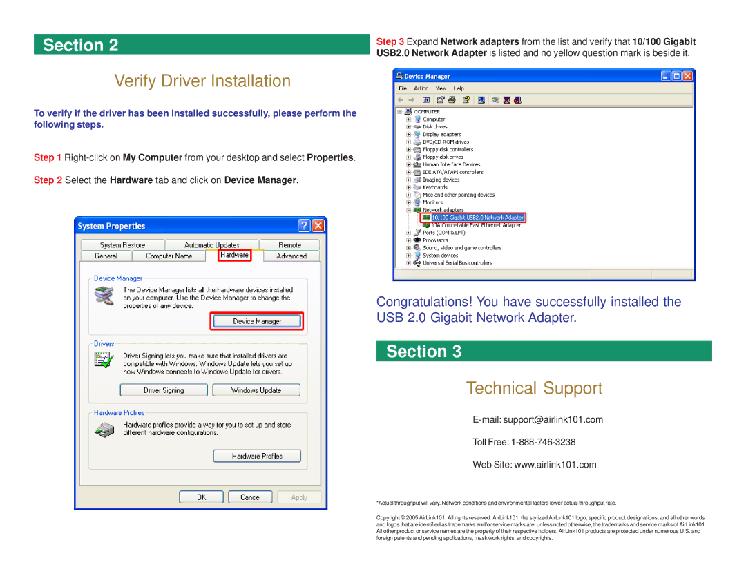 Airlink101 AGIGAUSB manual Verify Driver Installation, Technical Support 