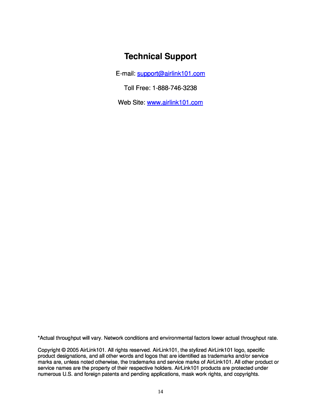 Airlink101 AGIGAUSB user manual Technical Support, Toll Free 