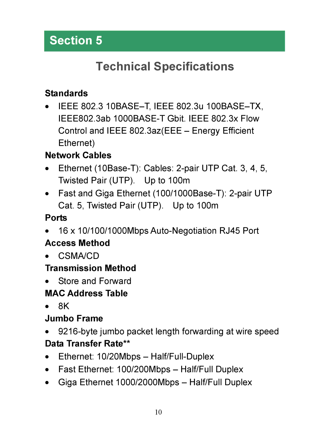 Airlink101 AGSW1600 manual Technical Specifications 