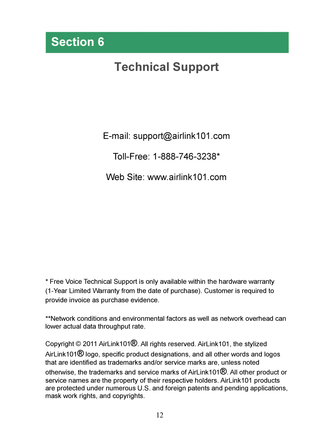 Airlink101 AGSW1600 manual Technical Support, Mail support@airlink101.com Toll-Free 