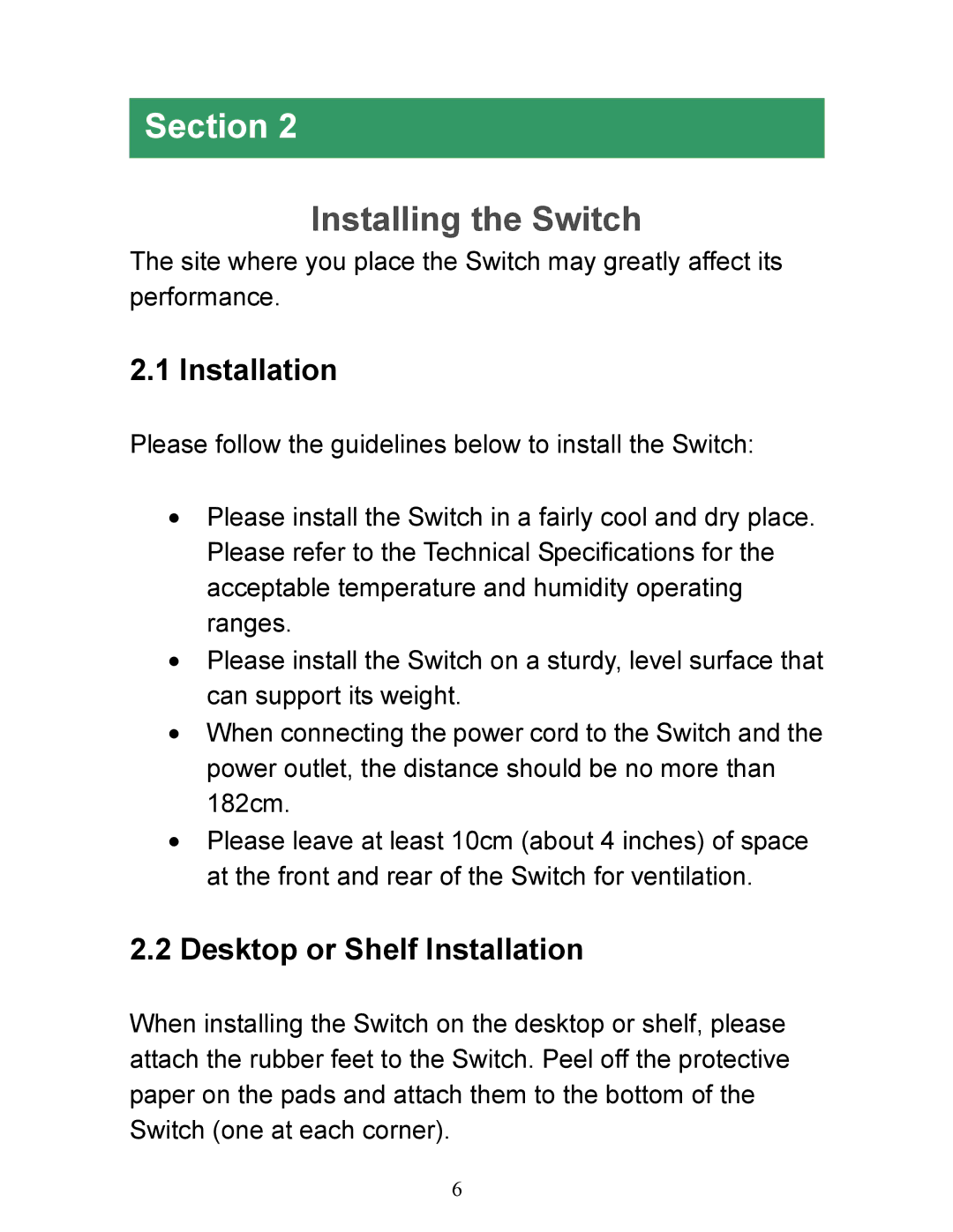 Airlink101 AGSW1600 manual Installing the Switch, Desktop or Shelf Installation 