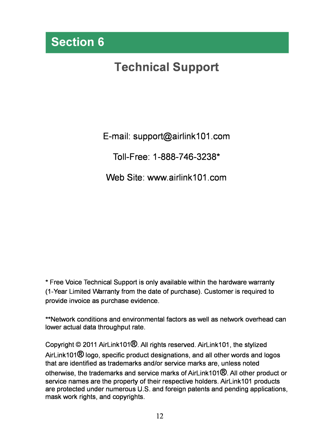 Airlink101 AGSW1600 manual Technical Support, Section, E-mail support@airlink101.com Toll-Free 