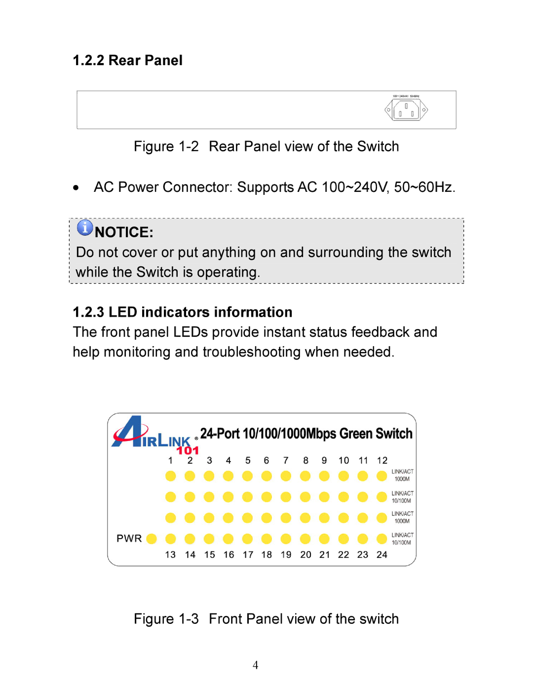 Airlink101 AGSW2400 manual Rear Panel, LED indicators information 