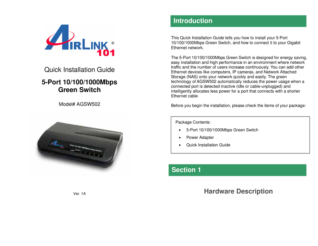 Airlink101 AGSW502 manual Introduction, Section, Hardware Description 