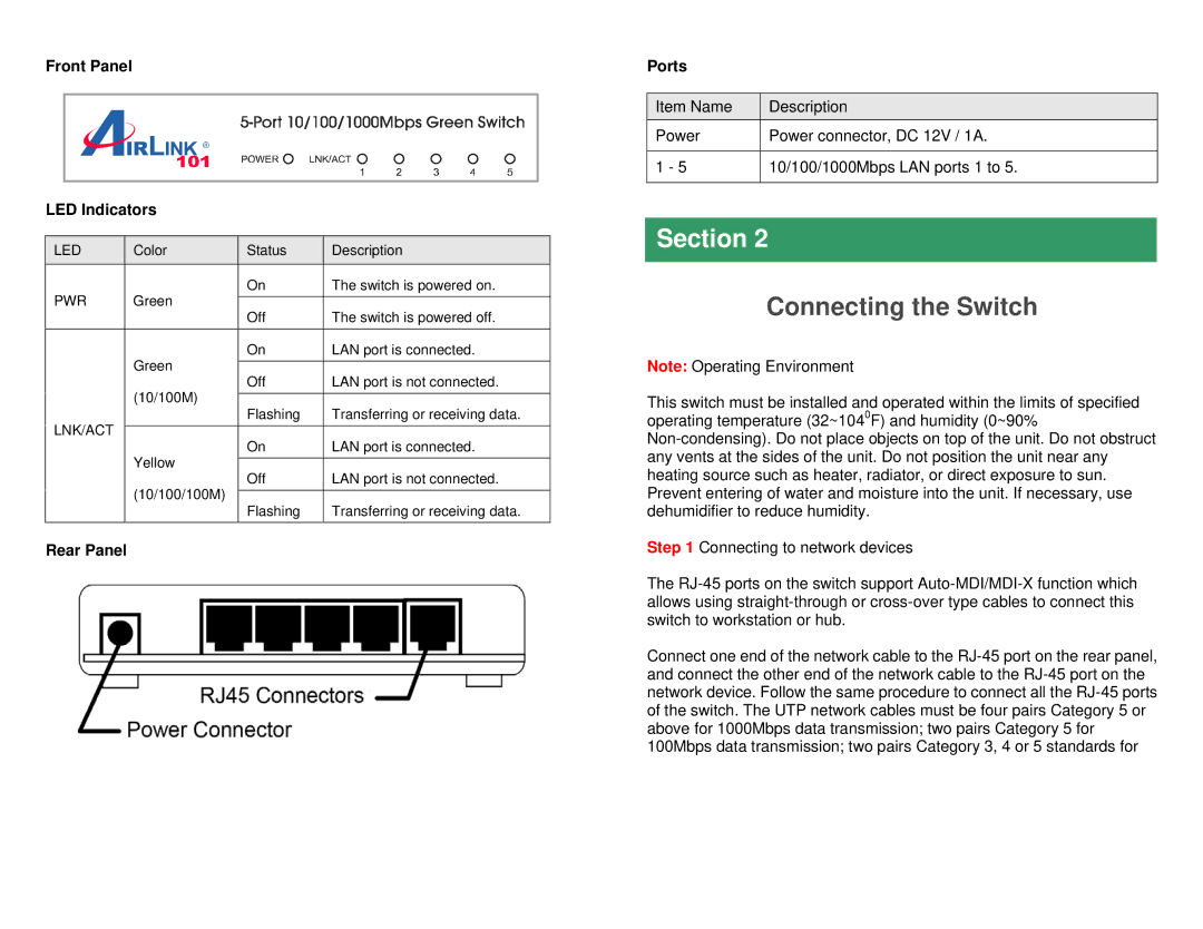 Airlink101 AGSW502 manual Connecting the Switch, Led, Pwr, Lnk/Act 