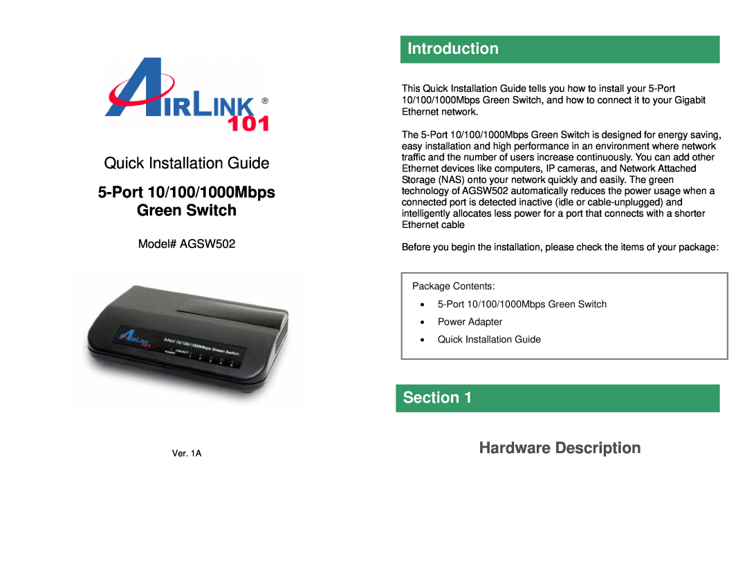 Airlink101 manual Introduction, Section, Hardware Description, Quick Installation Guide, Model# AGSW502 