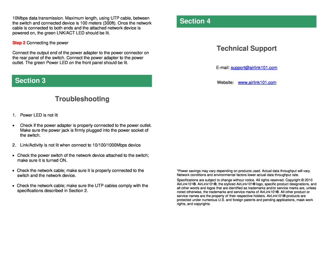 Airlink101 AGSW502 manual Troubleshooting, Technical Support, Section, E-mail support@airlink101.com 