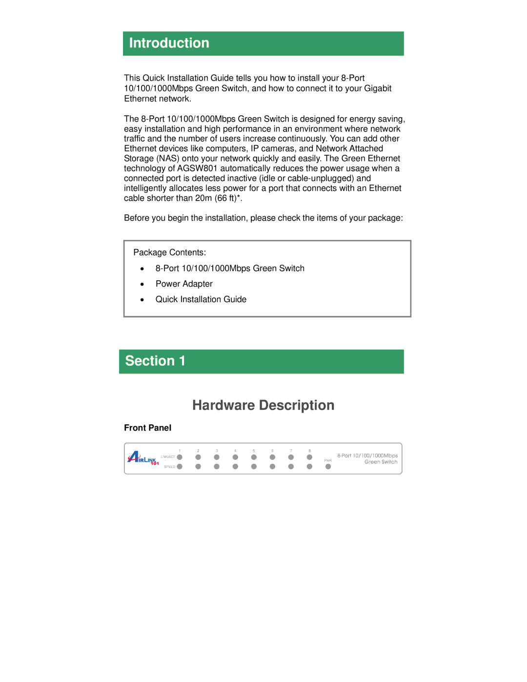 Airlink101 AGSW801 manual Introduction, Hardware Description 