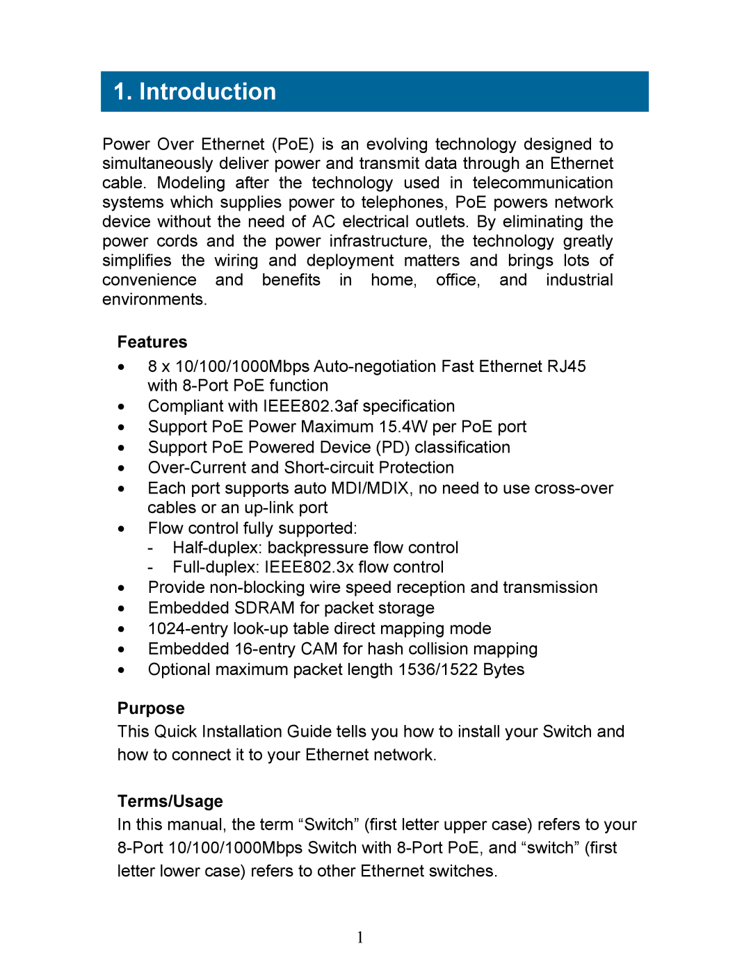 Airlink101 AGSW808POE manual Introduction, Features, Purpose, Terms/Usage 