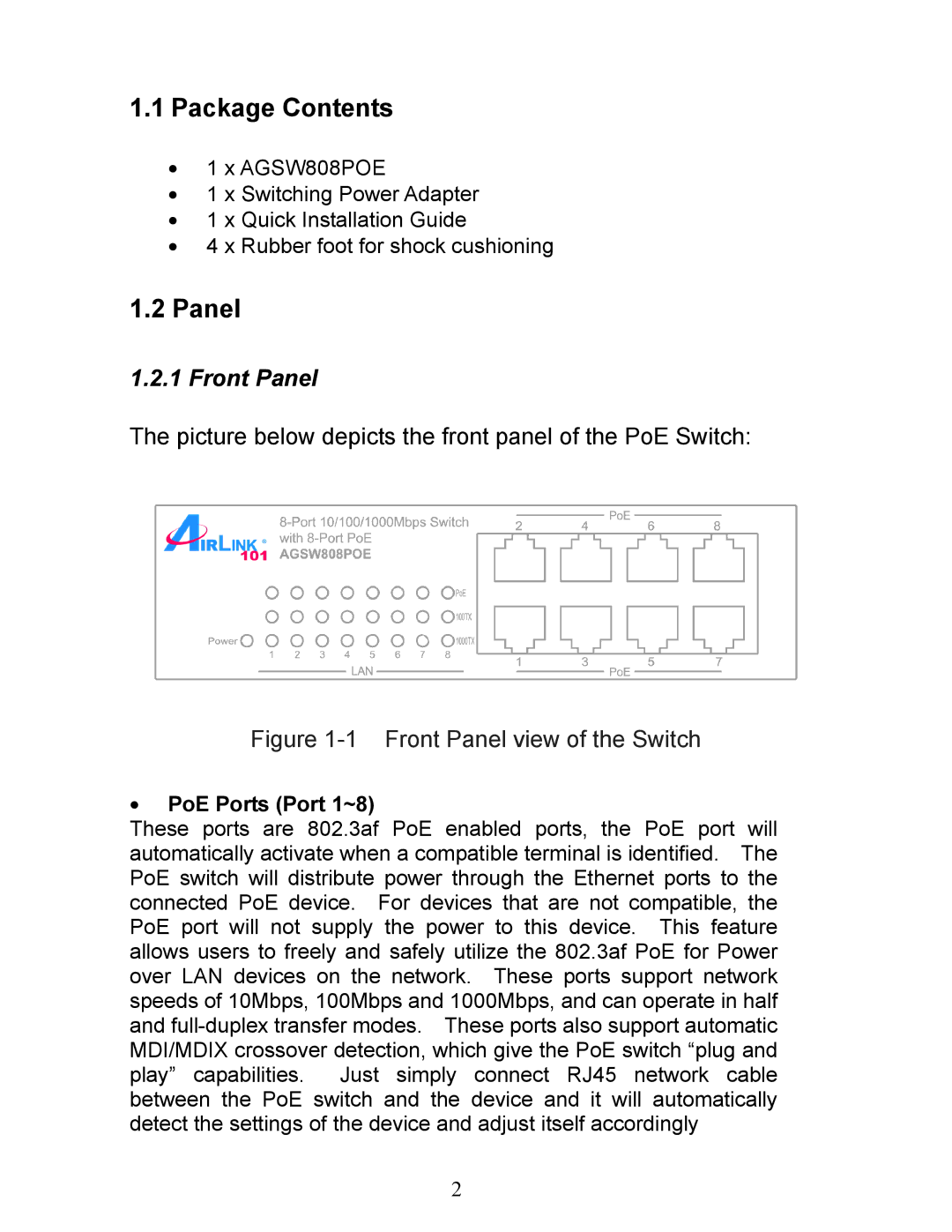 Airlink101 AGSW808POE manual Package Contents, Panel 