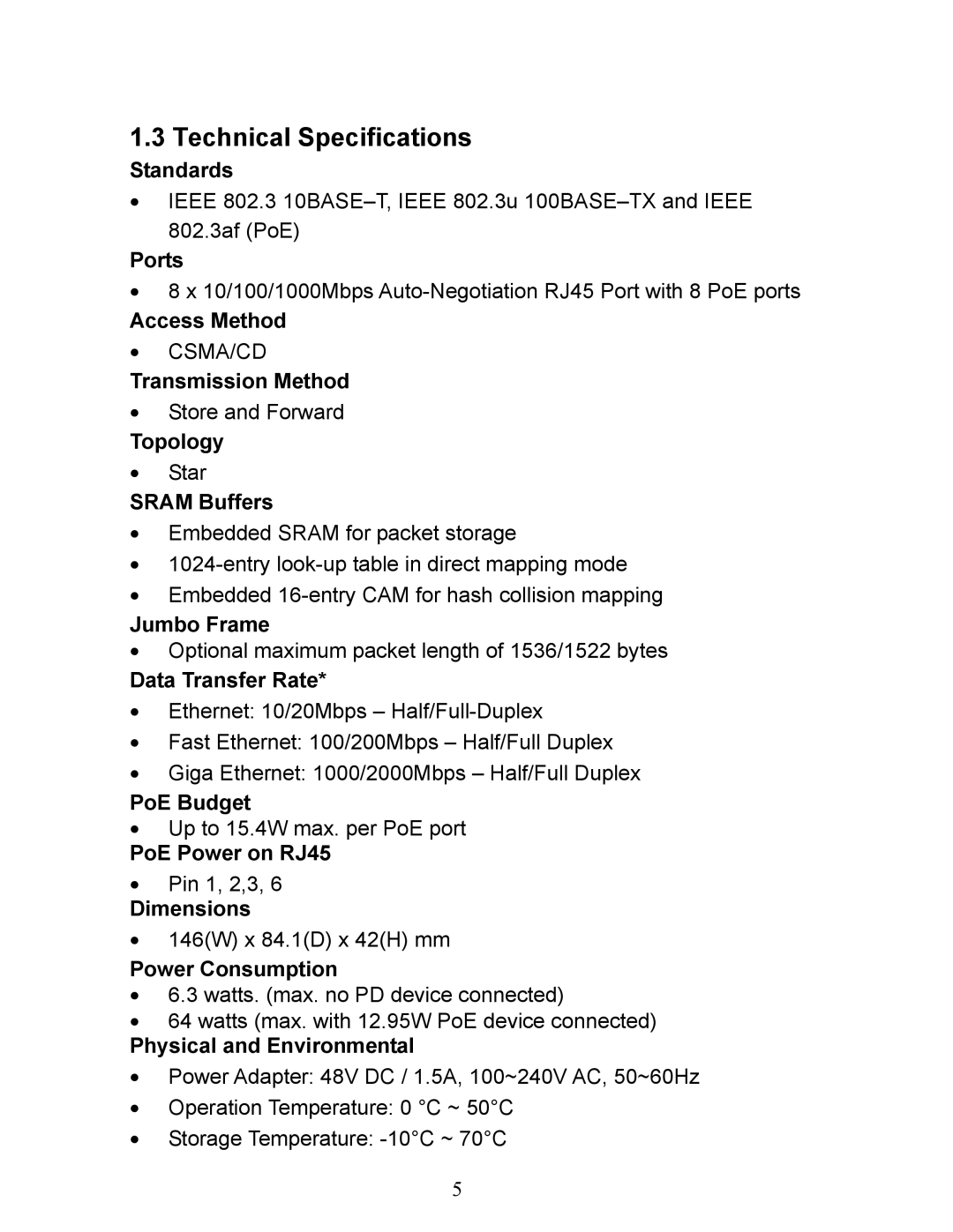 Airlink101 AGSW808POE manual Technical Specifications 