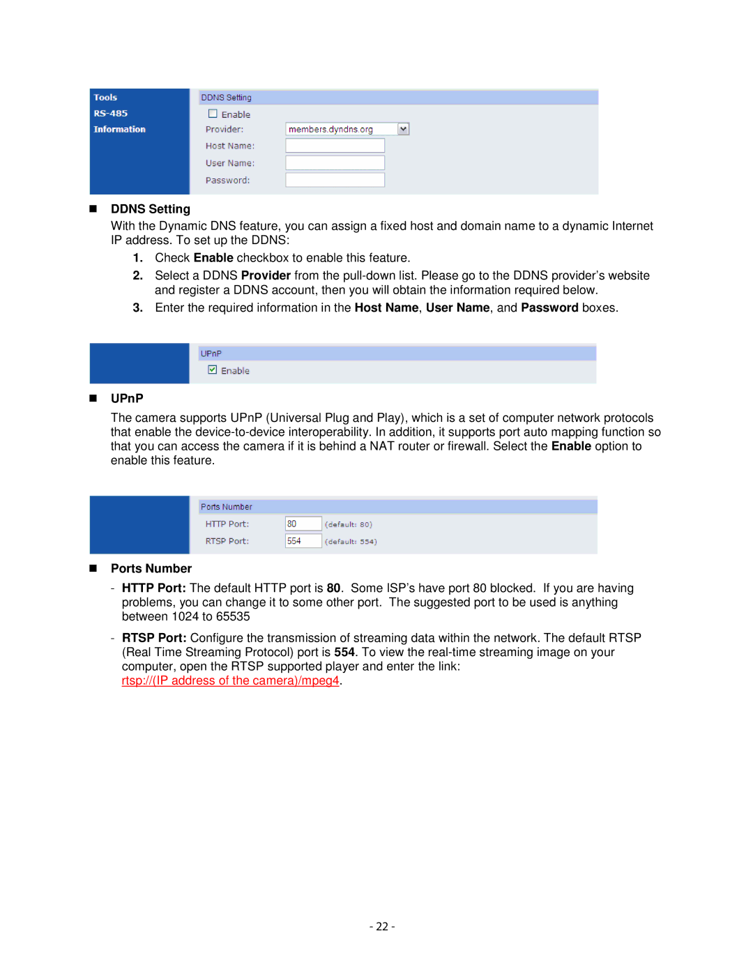 Airlink101 AIC1620POE user manual Ddns Setting, UPnP, Ports Number 