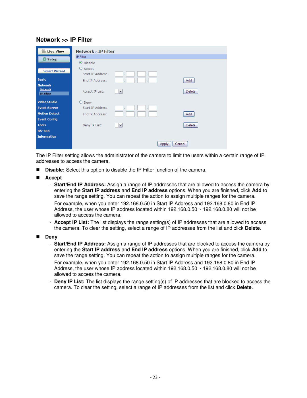 Airlink101 AIC1620POE user manual Network IP Filter, Accept, Deny 