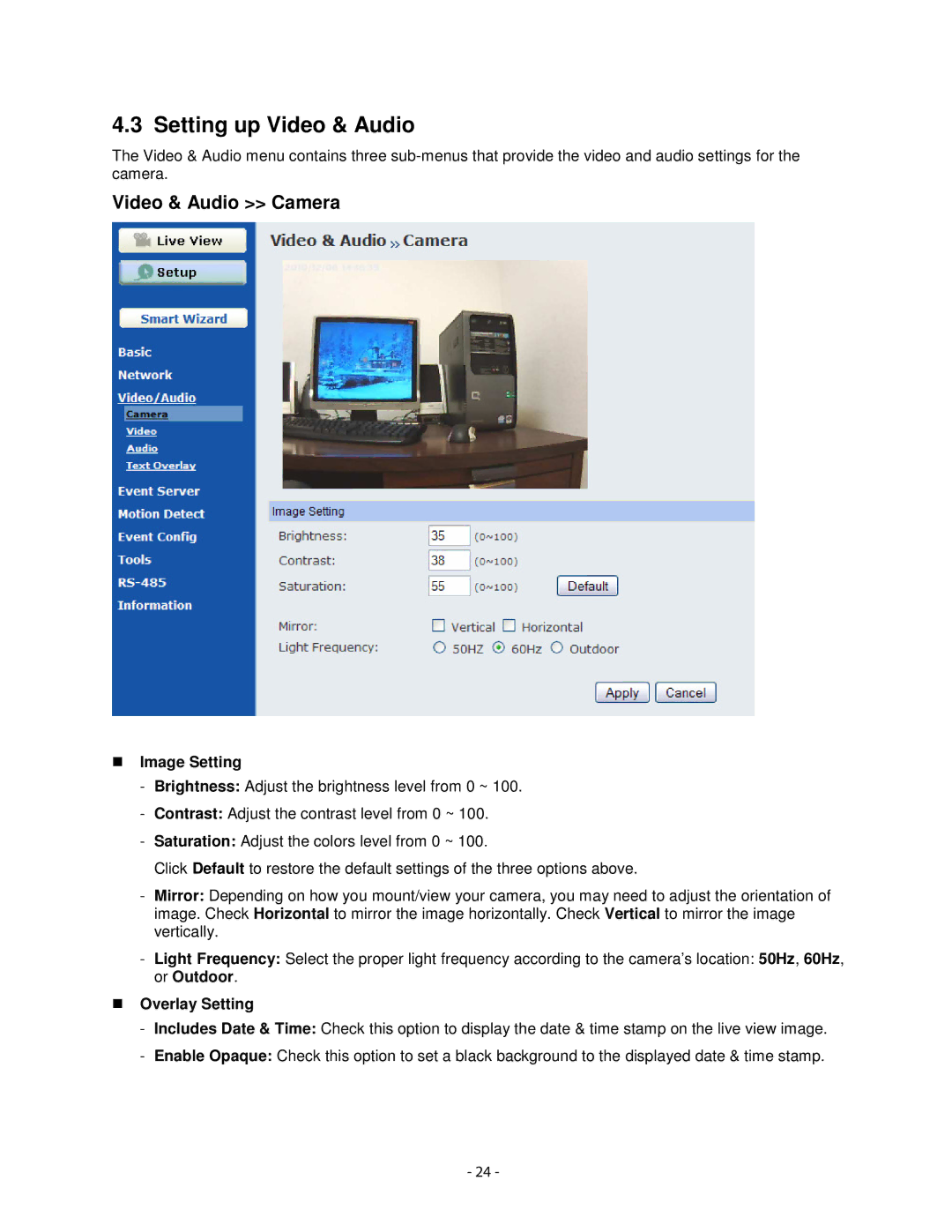 Airlink101 AIC1620POE user manual Setting up Video & Audio, Video & Audio Camera, Image Setting, Overlay Setting 