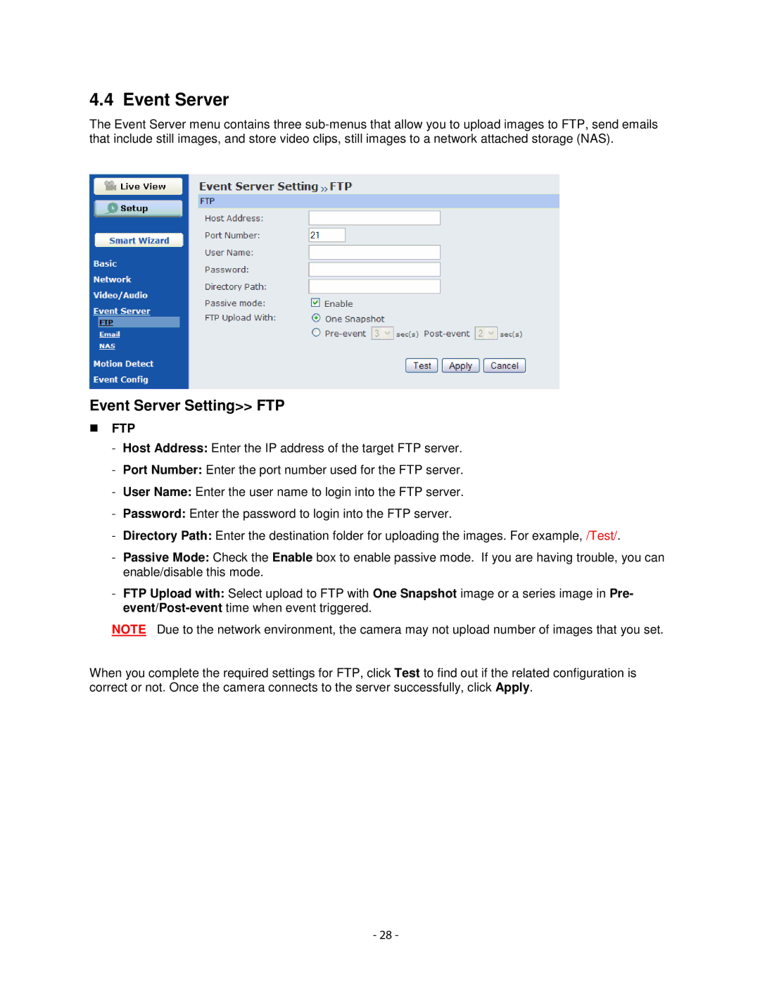 Airlink101 AIC1620POE user manual Event Server Setting FTP 