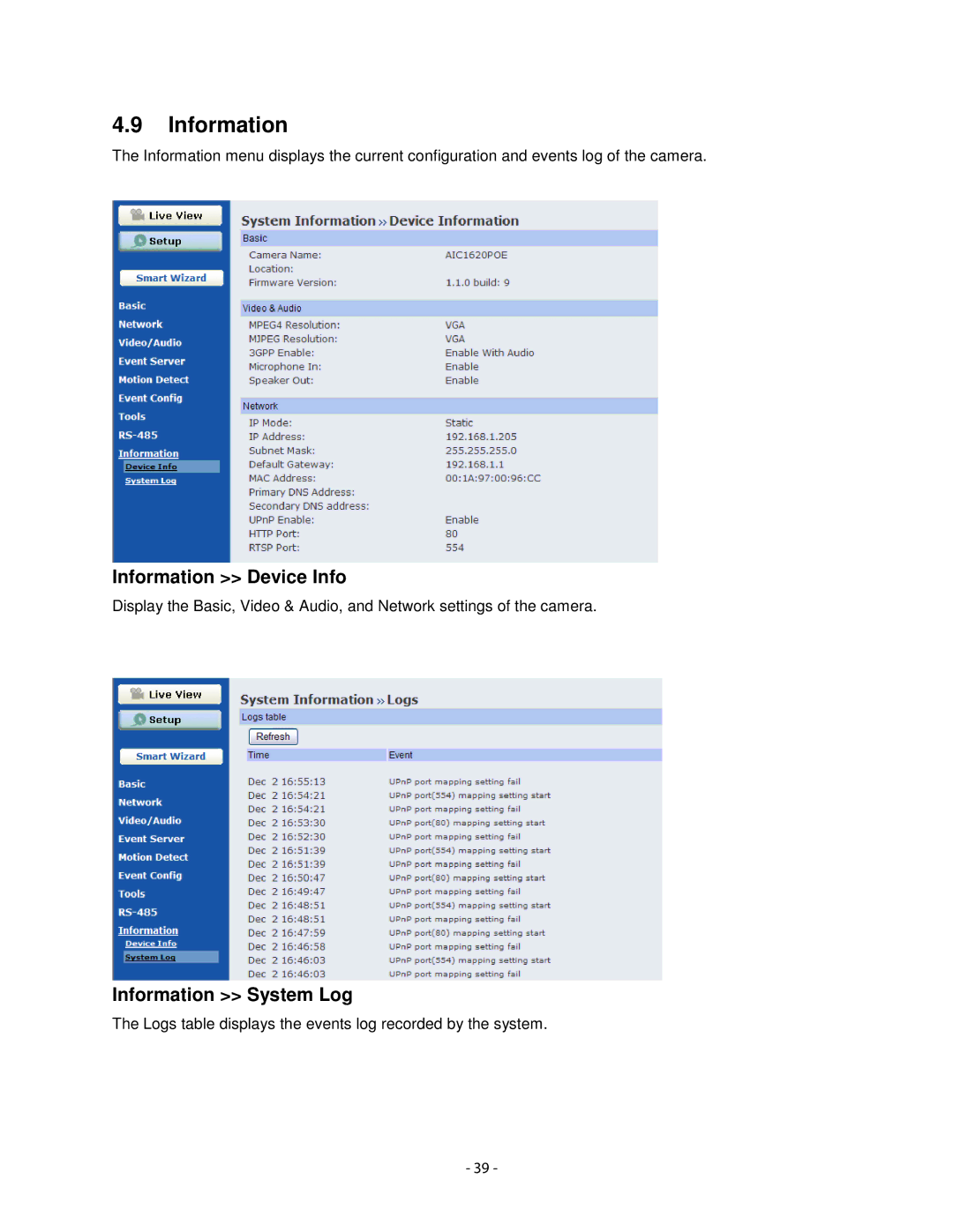 Airlink101 AIC1620POE user manual Information Device Info, Information System Log 