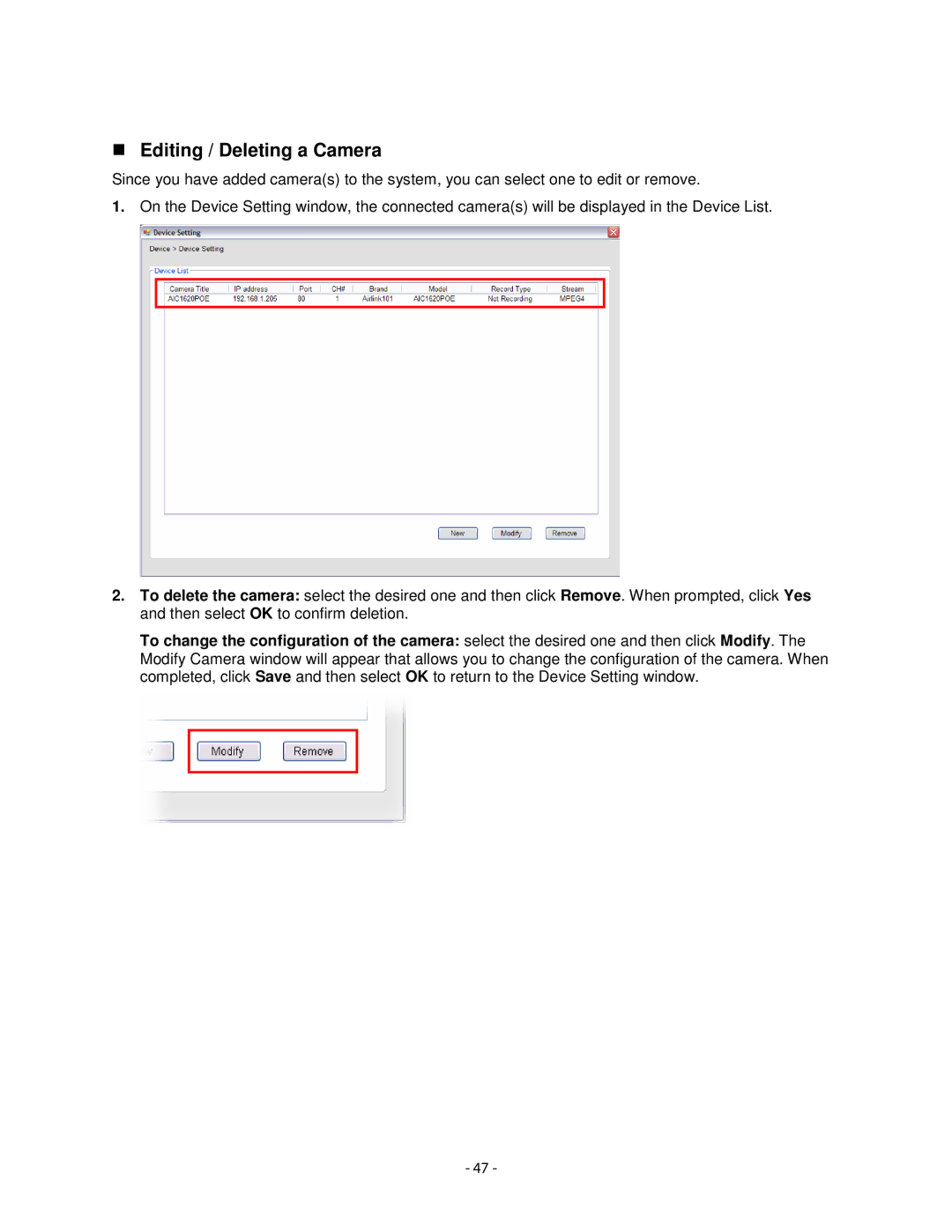 Airlink101 AIC1620POE user manual Editing / Deleting a Camera 