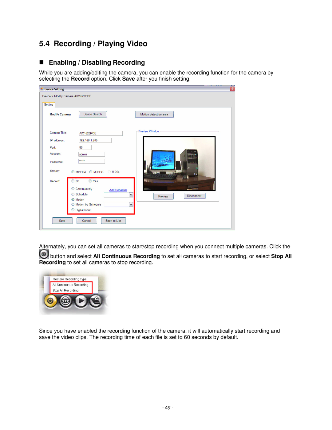 Airlink101 AIC1620POE user manual Recording / Playing Video, Enabling / Disabling Recording 