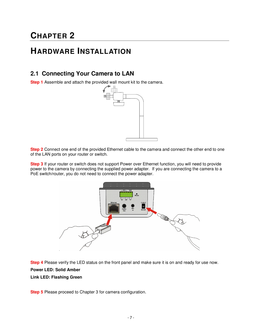 Airlink101 AIC1620POE user manual Connecting Your Camera to LAN, Power LED Solid Amber Link LED Flashing Green 