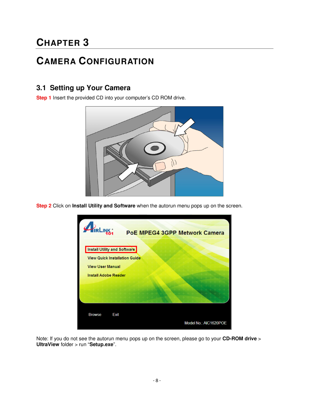 Airlink101 AIC1620POE user manual Chapter Camera Configuration, Setting up Your Camera 