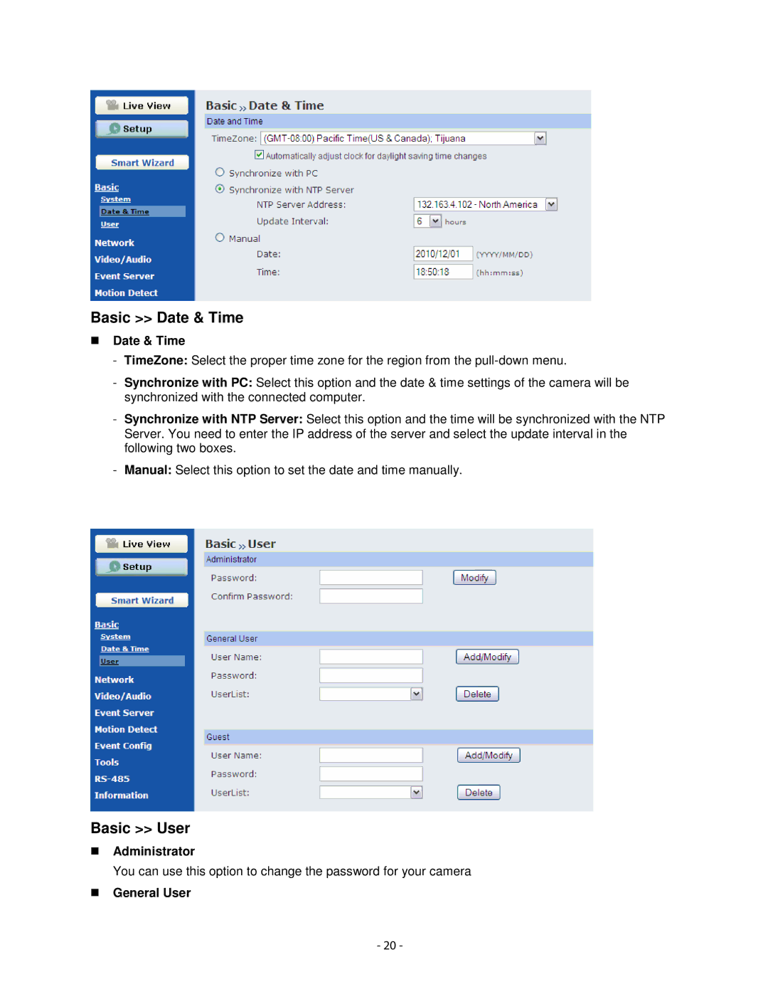 Airlink101 AIC1620W user manual Basic Date & Time, Basic User, Administrator, General User 