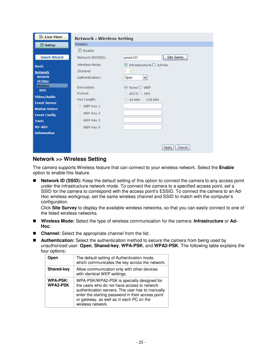 Airlink101 AIC1620W user manual Network Wireless Setting, WPA2-PSK 