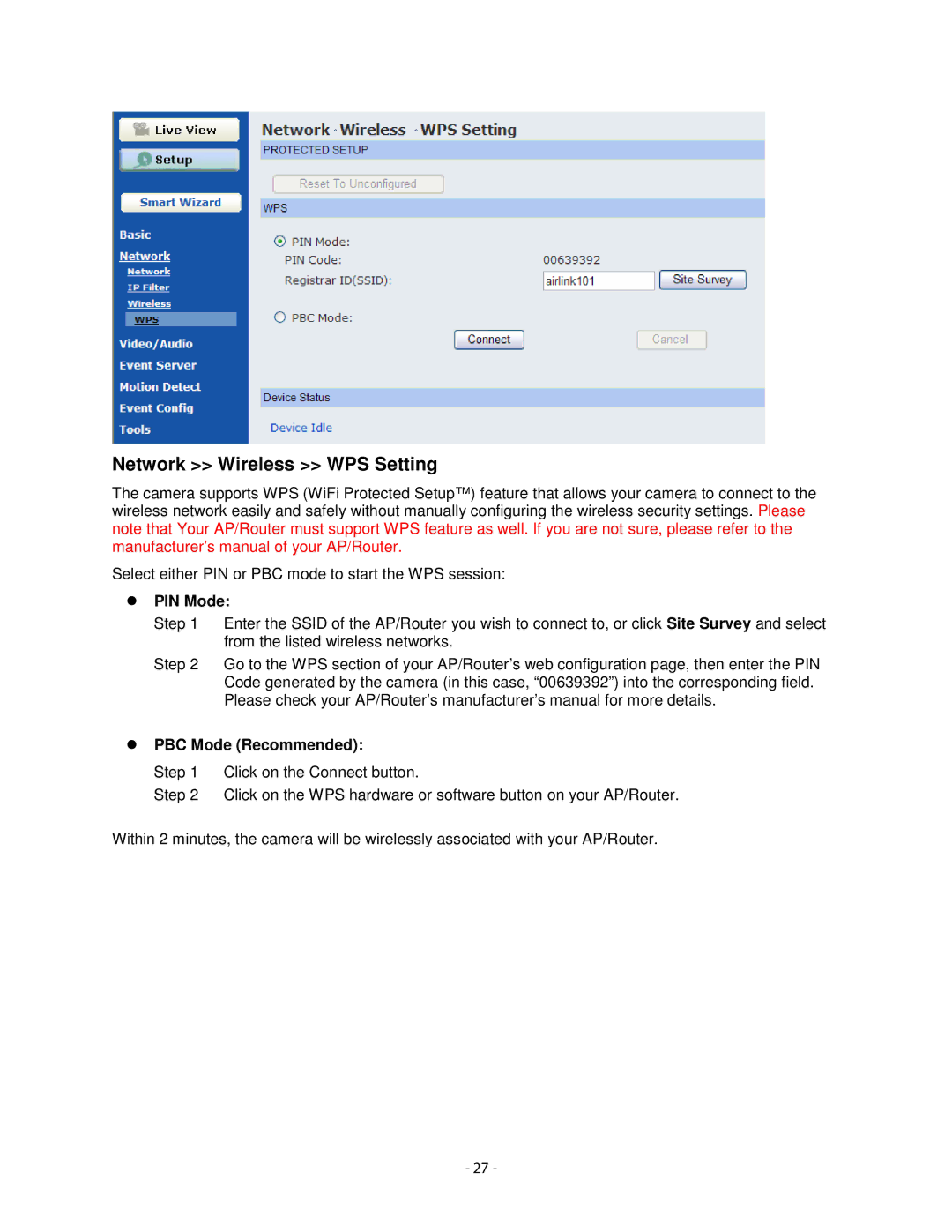 Airlink101 AIC1620W user manual Network Wireless WPS Setting, PIN Mode, PBC Mode Recommended 