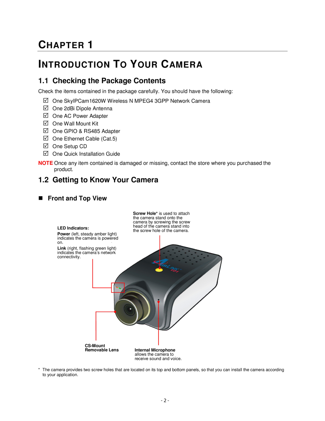 Airlink101 AIC1620W user manual Checking the Package Contents, Getting to Know Your Camera 