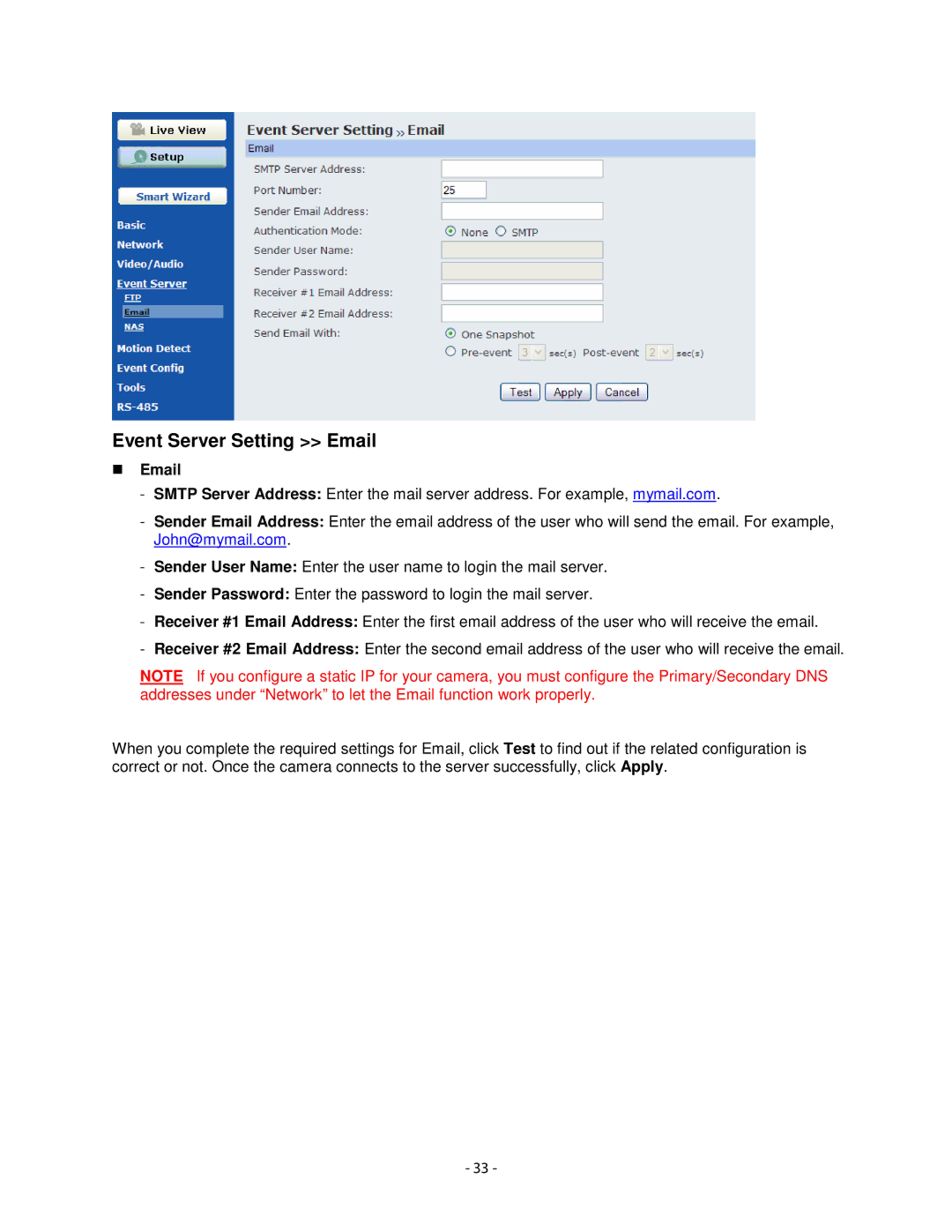 Airlink101 AIC1620W user manual Event Server Setting Email 