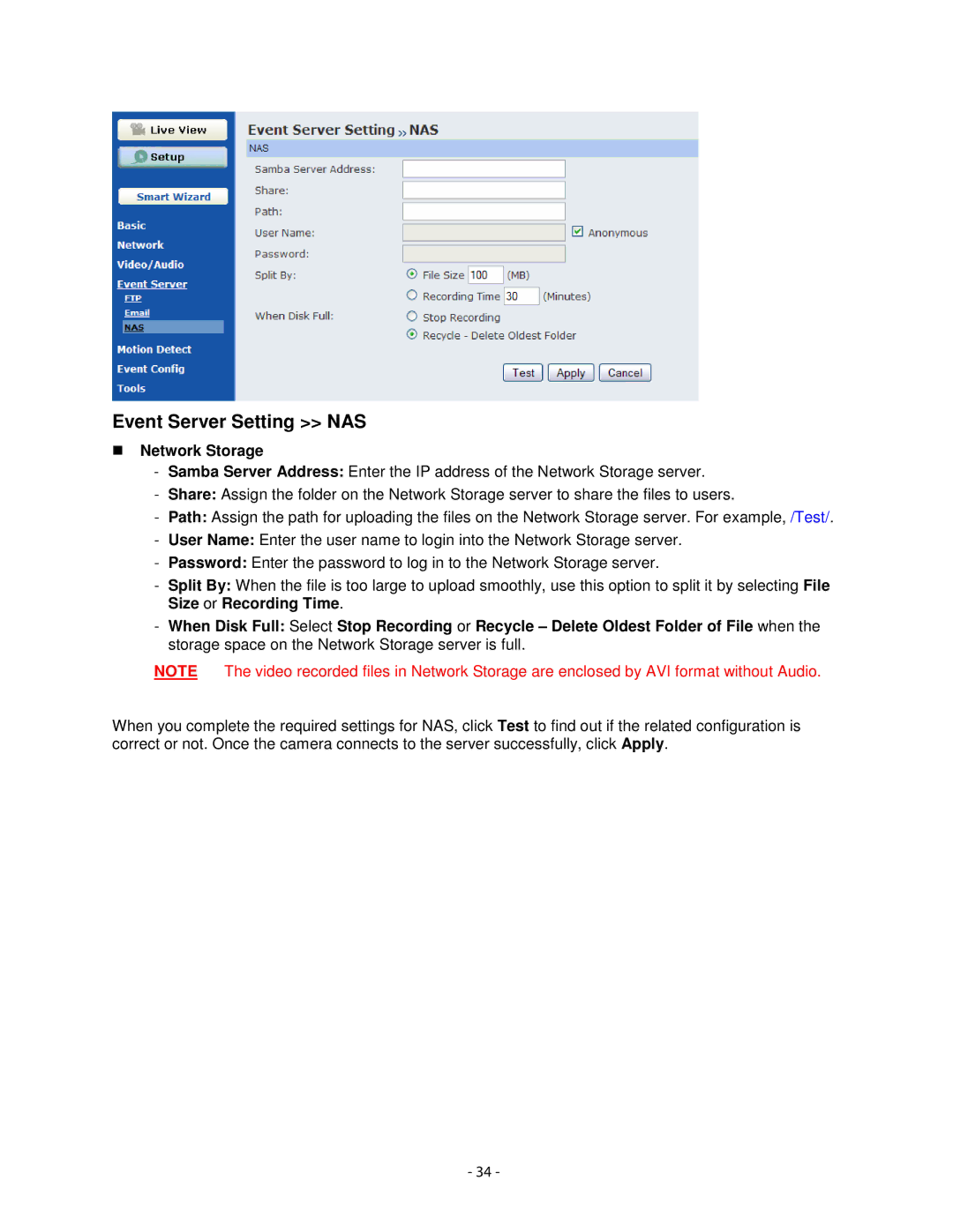 Airlink101 AIC1620W user manual Event Server Setting NAS, Network Storage 