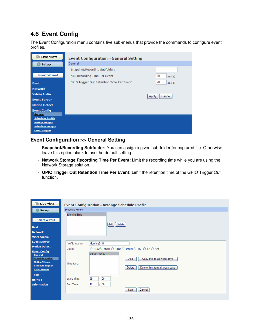 Airlink101 AIC1620W user manual Event Configuration General Setting 