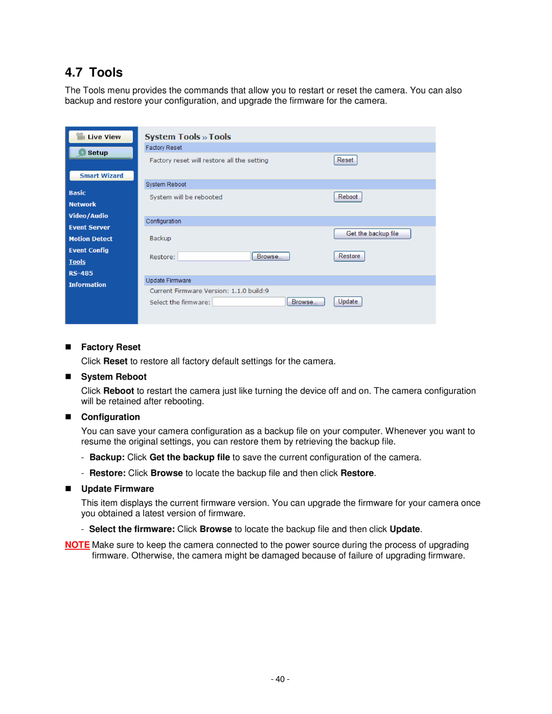 Airlink101 AIC1620W user manual Tools, Factory Reset, System Reboot, Configuration, Update Firmware 