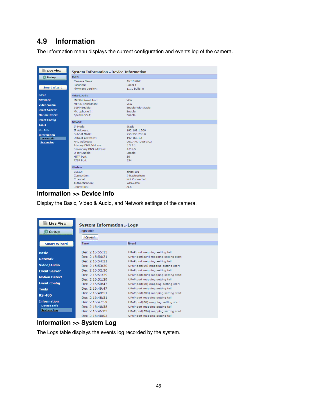 Airlink101 AIC1620W user manual Information Device Info, Information System Log 