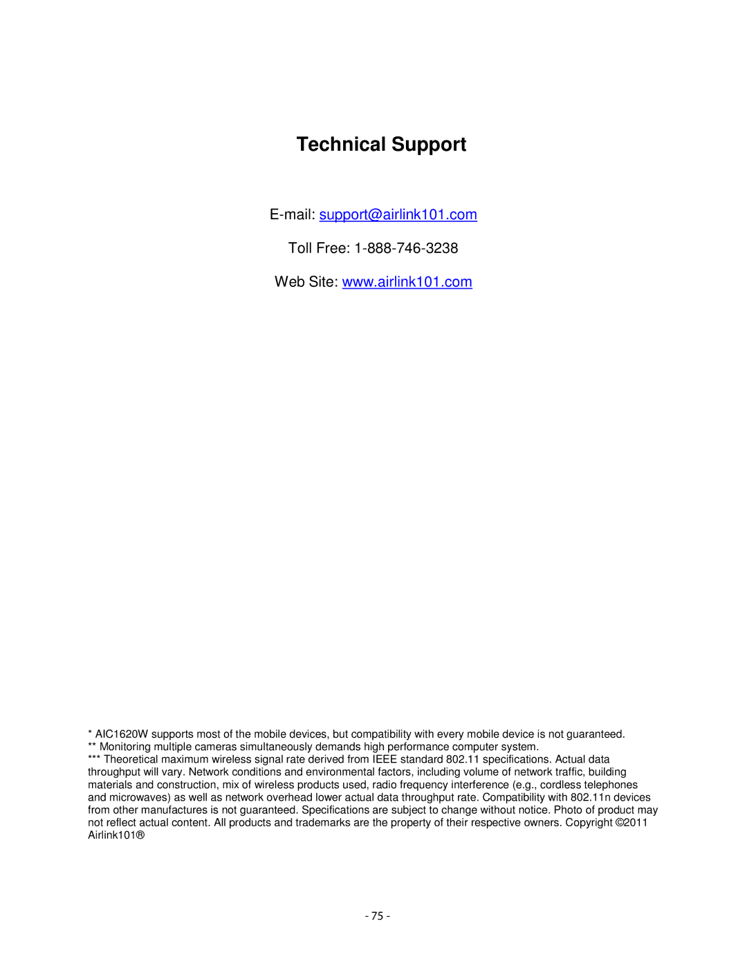 Airlink101 AIC1620W user manual Technical Support 